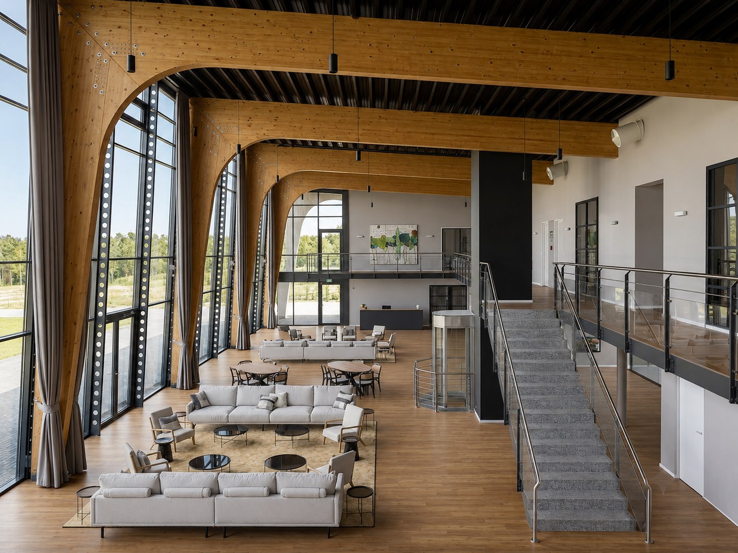 Gewerbehalle mit Holzbindern, Panoramaverglasung und Loungebereichen